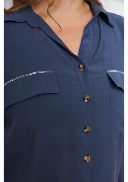 Büyük Beden Cep Taş Şerit Detaylı Düğmeli Elbise Indigo fırsatları