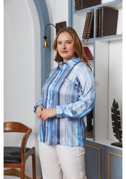 Çizgi Desenli Büyük Beden Saten Gömlek Indigo fırsatları