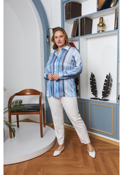 Çizgi Desenli Büyük Beden Saten Gömlek Indigo indirimleri