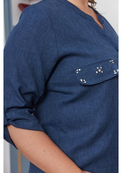 Cep Kapak Taş Detaylı Büyük Beden Gömlek Indigo modelleri