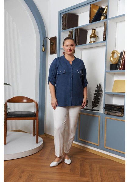 Cep Kapak Taş Detaylı Büyük Beden Gömlek Indigo indirimleri