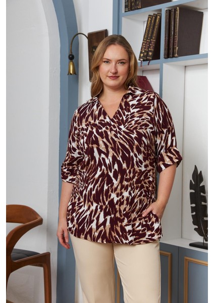 Büyük Beden Kol Katlı Leopar Bluz Bordo