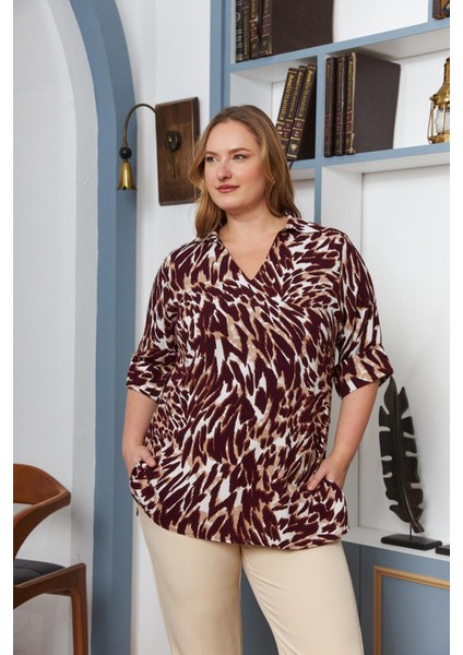 Büyük Beden Kol Katlı Leopar Bluz Bordo fırsatları