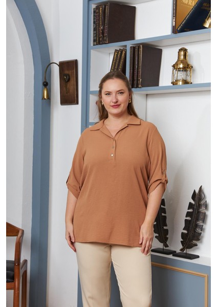 Kol Detaylı Büyük Beden Gömlek Yaka Bluz Camel