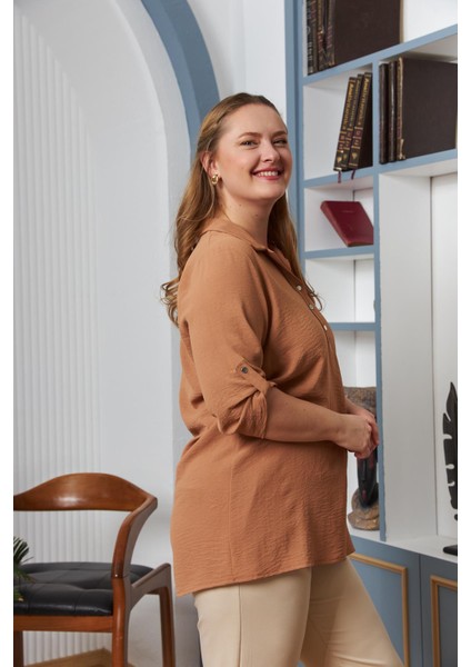 Kol Detaylı Büyük Beden Gömlek Yaka Bluz Camel fiyatları