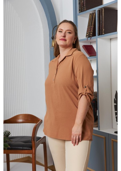 Kol Detaylı Büyük Beden Gömlek Yaka Bluz Camel modelleri