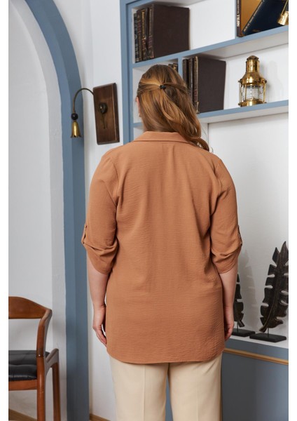 Kol Detaylı Büyük Beden Gömlek Yaka Bluz Camel fırsatları