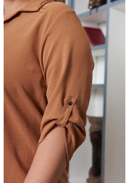 Kol Detaylı Büyük Beden Gömlek Yaka Bluz Camel indirimleri