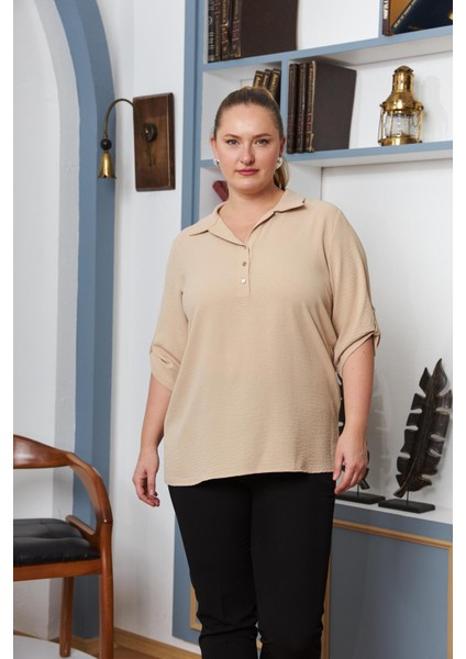 Kol Detaylı Büyük Beden Gömlek Yaka Bluz Krem