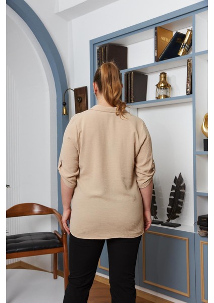 Kol Detaylı Büyük Beden Gömlek Yaka Bluz Krem fırsatları