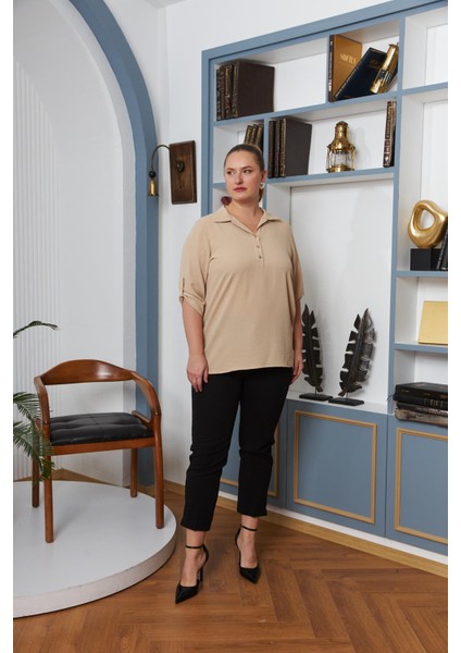 Kol Detaylı Büyük Beden Gömlek Yaka Bluz Krem indirimleri