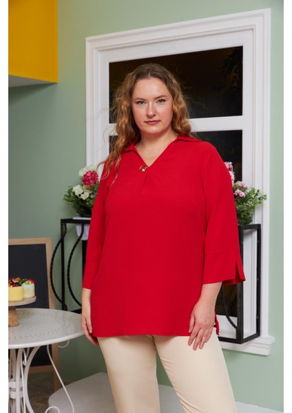 Yaka Detaylı Büyük Beden Bluz Kırmızı