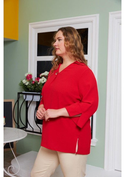 Yaka Detaylı Büyük Beden Bluz Kırmızı fiyatları