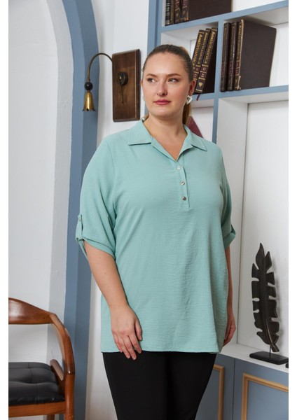 Kol Detaylı Büyük Beden Gömlek Yaka Bluz Çağla Yeşili