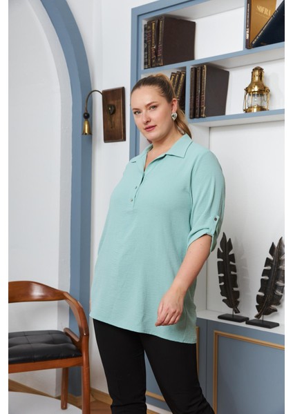 Kol Detaylı Büyük Beden Gömlek Yaka Bluz Çağla Yeşili fiyatları