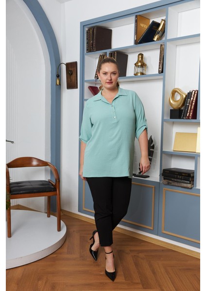 Kol Detaylı Büyük Beden Gömlek Yaka Bluz Çağla Yeşili fırsatları