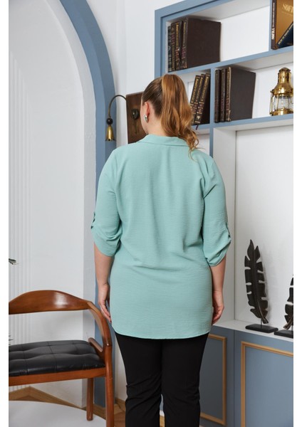 Kol Detaylı Büyük Beden Gömlek Yaka Bluz Çağla Yeşili indirimleri