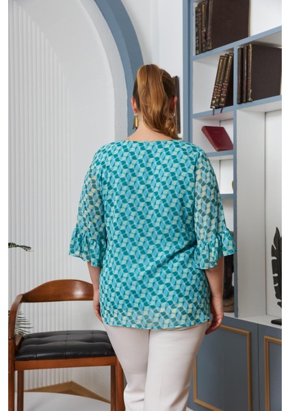 Büyük Beden Kol Detaylı Astarlı Şifon Bluz Mavi fırsatları