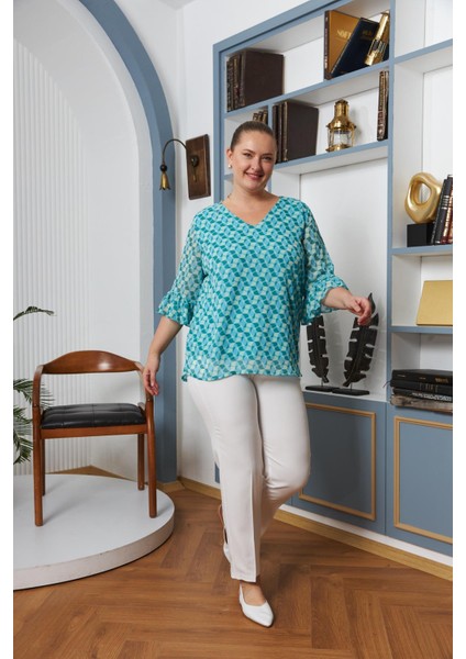 Büyük Beden Kol Detaylı Astarlı Şifon Bluz Mavi indirimleri