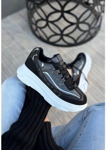 Siyah Renk, Süet, Gri Detaylı, Hafif, Ortapedik Taban, Kadın Spor, Yüksek Taban Ayakkabı, Sneaker