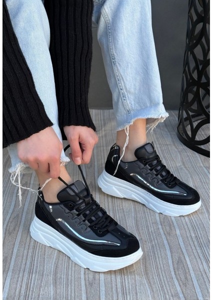 Siyah Renk, Süet, Gri Detaylı, Hafif, Ortapedik Taban, Kadın Spor, Yüksek Taban Ayakkabı, Sneaker