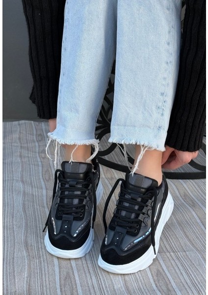 Siyah Renk, Süet, Gri Detaylı, Hafif, Ortapedik Taban, Kadın Spor, Yüksek Taban Ayakkabı, Sneaker