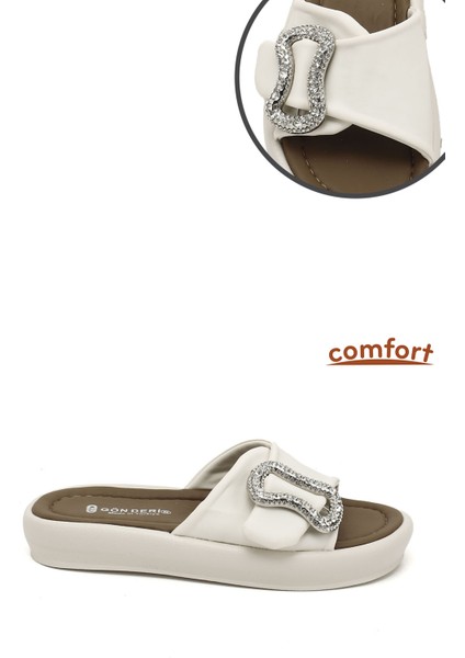 Kadın Bej Scuba Kumaş Taşlı Tokalı Comfort Terlik