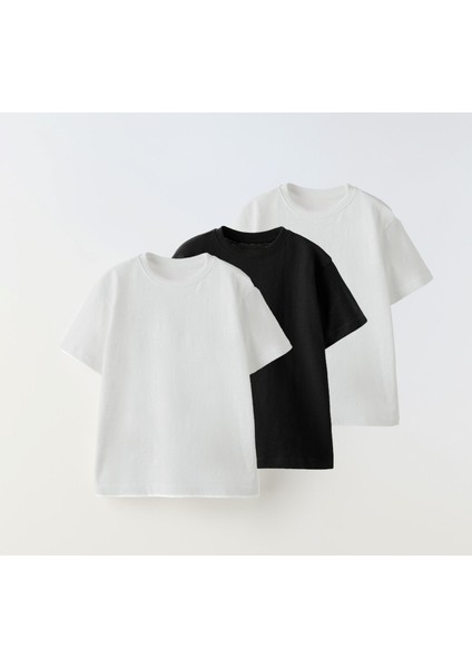 3'lü T-Shirt Paketi Okula Dönüş Bisiklet Yaka Kısa Kollu Pamuklu Penye Unisex Çocuk fiyatları