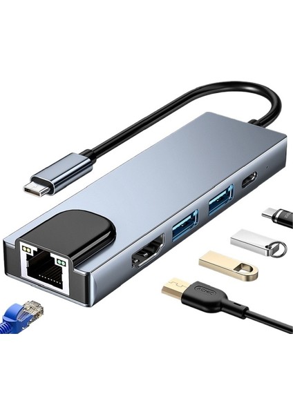 Typec Genişletme Yuvası Usbhub + Ağ Kartı + HDMI + Pd Anahtar Için Uygun Beş-Bir Arada Genişletme Yuvası (Yurt Dışından)