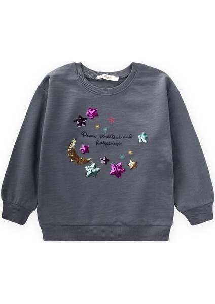 Pullu Ay Yıldız Nakışlı Sweatshirt 2-8 Yaş Gri