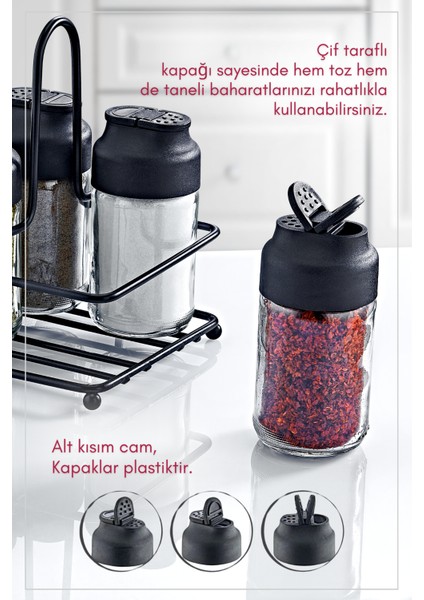 Metal Standlı 4'lü Çift Kapaklı Cam Baharatlık Seti - Lenora Tuzluk Biberlik Baharatlık Takımı