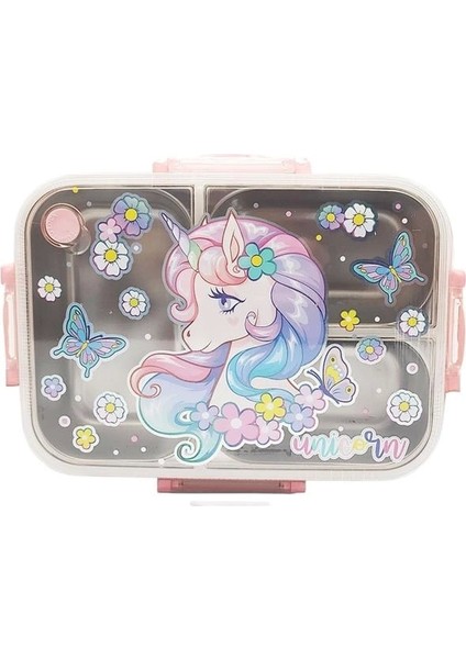 BES0015 Unıcorn 2 Desenli Şeffaf Kapaklı 3 Bölmeli 800 ml Çelik Beslenme Kabı