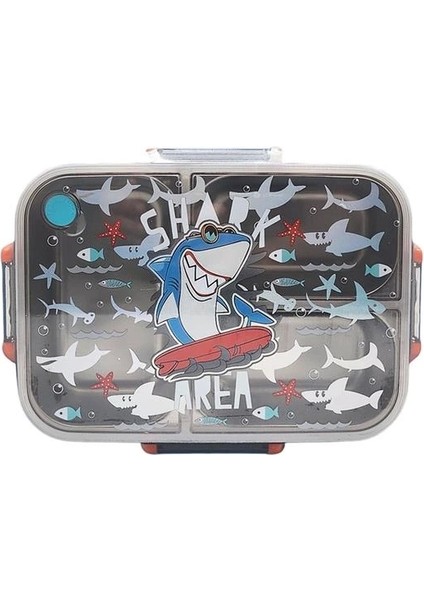 BES0012 Köpek Balığı Desenli Şeffaf Kapaklı 3 Bölmeli 800 ml Çelik Beslenme Kabı