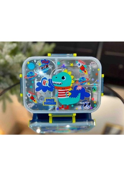 BES0011 Dinozor Desenli Şeffaf Kapaklı 3 Bölmeli 800 ml Çelik Beslenme Kabı