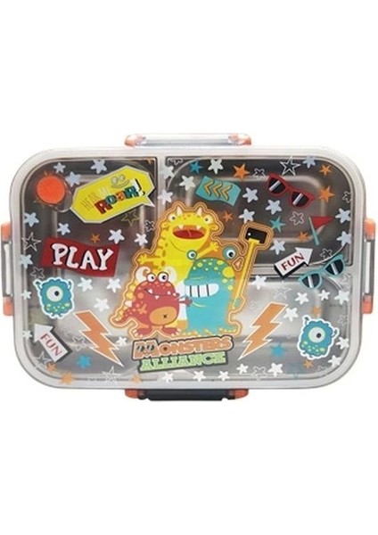 BES0010 Canavar Desenli Şeffaf Kapaklı 3 Bölmeli 800 ml Çelik Beslenme Kabı