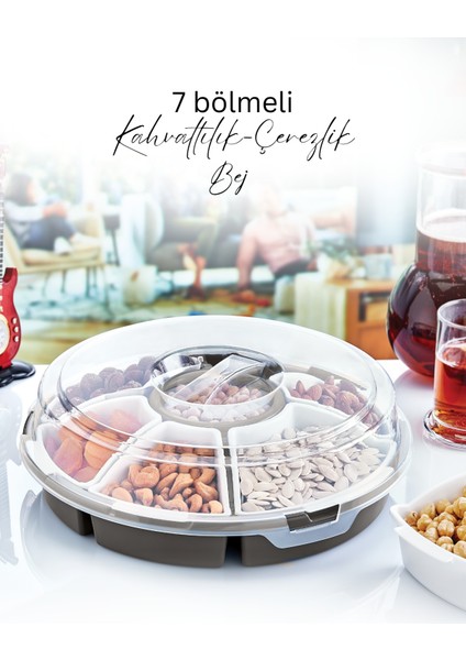 7 Bölmeli Kapaklı Kahvaltılık Saklama Kabı Seti | Kahvaltı Takımı Bej Renk- Piknik Seti