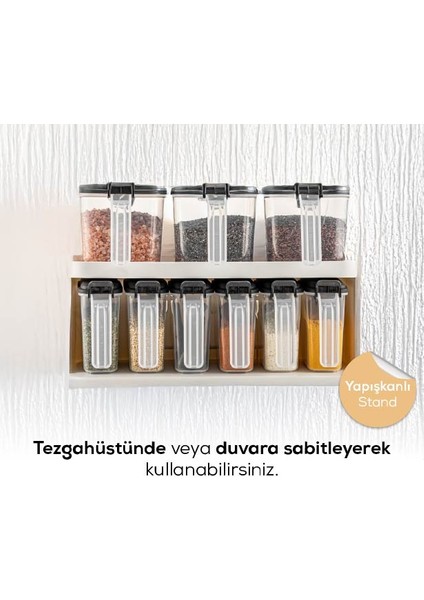 9'lu Beyaz Standlı Kaşıklı Etiketli Kendinden Yapışkanlı Baharatlık Seti