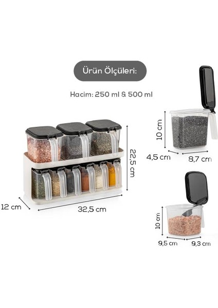 9'lu Beyaz Standlı Kaşıklı Etiketli Kendinden Yapışkanlı Baharatlık Seti