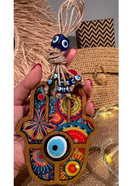 Nazar Boncuklu Fatıma Ana Eli Ahşap Desenli Dekoratif Hediyelik Duvar Süsü, 24 cm Hamsa Bereket