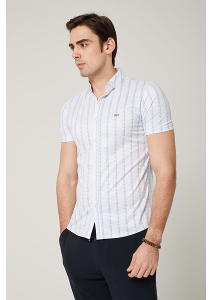 Erkek Desenli Buz Mavi Kısa Kol Gömlek