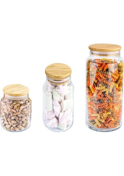Zone - 3'lü Cam Saklama Kabı 600 ML-800 ML-1300 ML Vakumlu Bambu Kapaklı