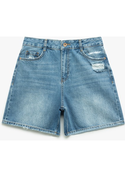 Pamuklu Relax Fit Düğmeli Cepli Denim Şort