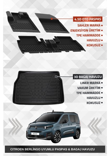 Citroen Berlingo 2019+ Uyumlu 4.5d Premium Havuzlu Oto Paspas ve Liner Marka 3D Bagaj Havuzu
