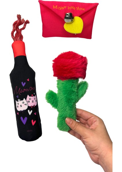 Mırr Love You Peluş Kedi Oyuncak Seti Hışırtılı Şişe İçecek, Mama Saklamalı Gül, Çıngıraklı Mektup