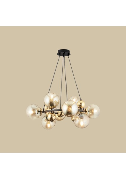 Sekizli Yuvarlak Camlı Avize Siyah-Gold (70 x 75 cm ) ve Camlı Sarkıt Avize