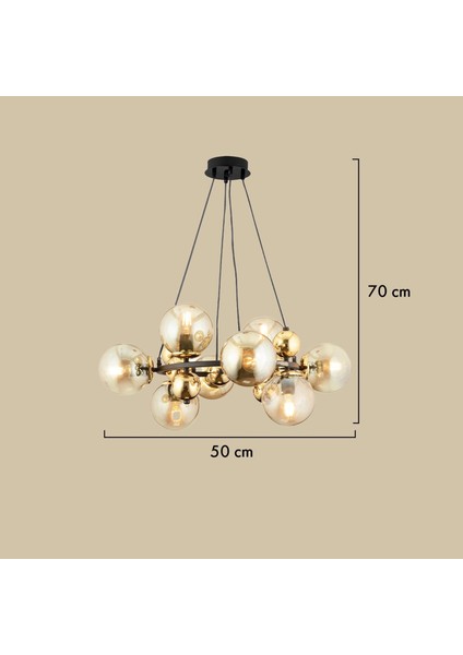 Sekizli Yuvarlak Camlı Avize Siyah-Gold (70 x 75 cm ) ve Camlı Sarkıt Avize