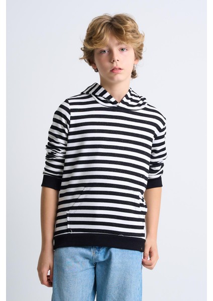 Alexandergardı Kanguru Cepli Kapüşonlu Çizgili Çocuk Sweatshirt