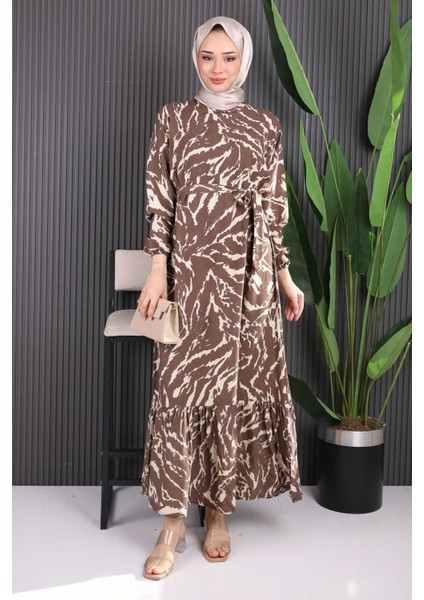 Mint Yeşili Desenli Eteği Katlı Viscon Elbise