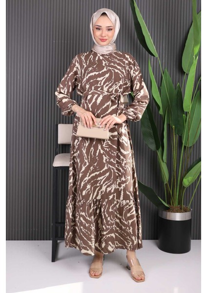 Mint Yeşili Desenli Eteği Katlı Viscon Elbise fiyatları