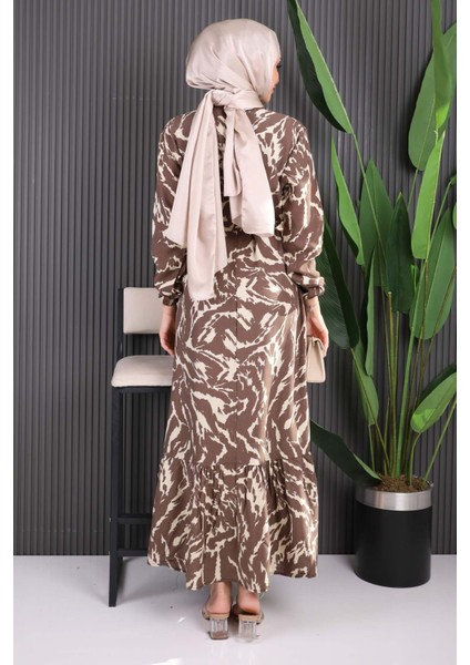 Mint Yeşili Desenli Eteği Katlı Viscon Elbise fırsatları